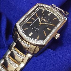 Elgin Luxury Crystal Accented Tank Gold Tone Men's Watch